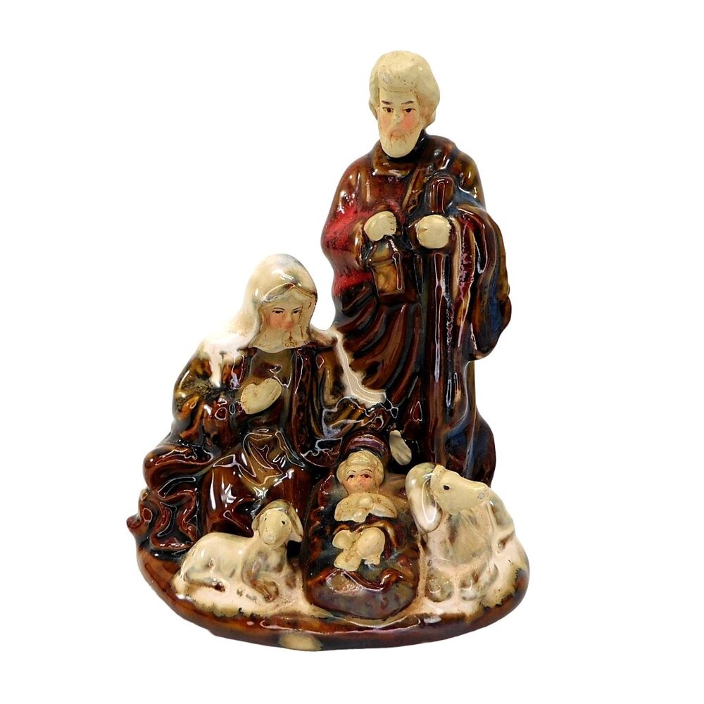 Nativity Scene Figurine Set Mary Joseph Jesus & Lambs Hand Painted Ceramic 5"